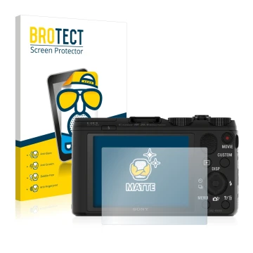 Parte frontal de un envase de producto con el logotipo de la marca BROTECT. Al lado se muestra el dispositivo Sony Cyber-Shot 