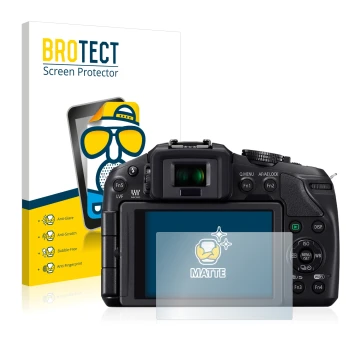 Parte frontal de un envase de producto con el logotipo de la marca BROTECT. Al lado se muestra el dispositivo Panasonic Lumix 