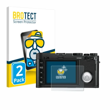 Parte frontal de un envase de producto con el logotipo de la marca BROTECT. Al lado se muestra el dispositivo Leica X Vario co