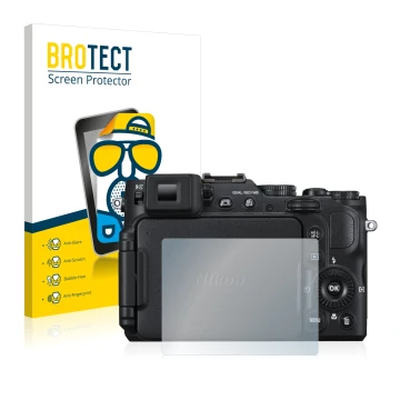 Parte frontal de un envase de producto con el logotipo de la marca BROTECT. Al lado se muestra el dispositivo Nikon Coolpix P7