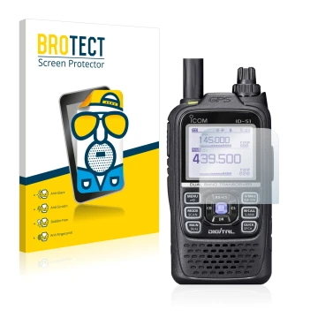 Parte frontal de un envase de producto con el logotipo de la marca BROTECT. Al lado se muestra el dispositivo Icom ID-51 con s