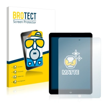 Parte frontal de un envase de producto con el logotipo de la marca BROTECT. Al lado se muestra el dispositivo Apple iPad Air 2