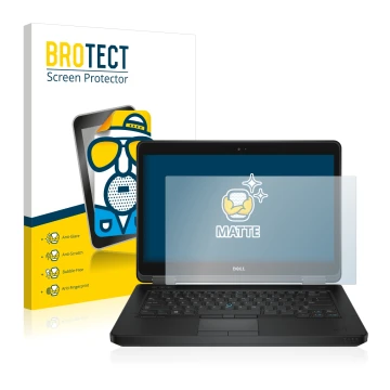 Parte frontal de un envase de producto con el logotipo de la marca BROTECT. Al lado se muestra el dispositivo Dell Latitude 14