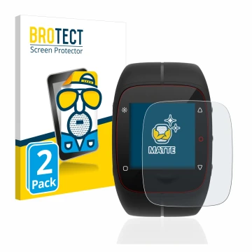 Parte frontal de un envase de producto con el logotipo de la marca BROTECT. Al lado se muestra el dispositivo Polar M400 con s