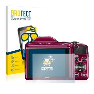 Parte frontal de un envase de producto con el logotipo de la marca BROTECT. Al lado se muestra el dispositivo Nikon Coolpix L8