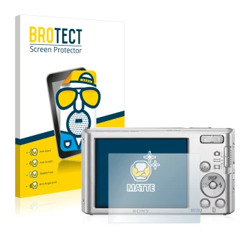 Parte frontal de un envase de producto con el logotipo de la marca BROTECT. Al lado se muestra el dispositivo Sony Cyber-Shot 