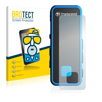 Parte frontal de un envase de producto con el logotipo de la marca BROTECT. Al lado se muestra el dispositivo Transcend MP350 