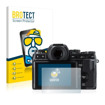 Parte frontal de un envase de producto con el logotipo de la marca BROTECT. Al lado se muestra el dispositivo Fujifilm X-T1 co