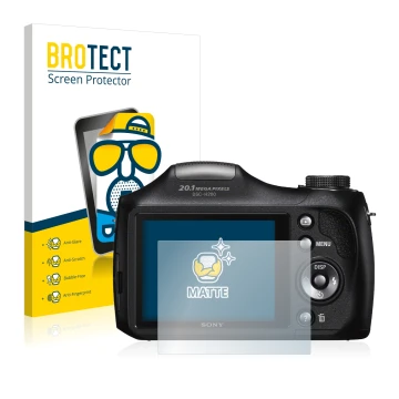Parte frontal de un envase de producto con el logotipo de la marca BROTECT. Al lado se muestra el dispositivo Sony Cyber-Shot 