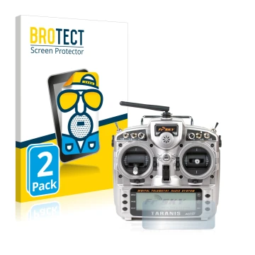 Parte frontal de un envase de producto con el logotipo de la marca BROTECT. Al lado se muestra el dispositivo FrSky Taranis X9