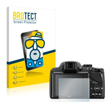 Parte frontal de un envase de producto con el logotipo de la marca BROTECT. Al lado se muestra el dispositivo Nikon Coolpix P5