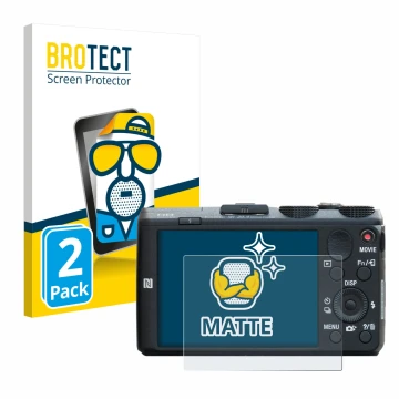 Parte frontal de un envase de producto con el logotipo de la marca BROTECT. Al lado se muestra el dispositivo Sony Cyber-Shot 