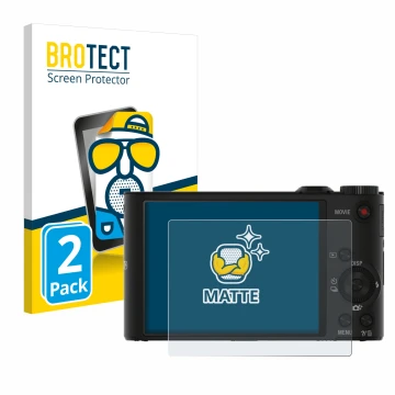 Parte frontal de un envase de producto con el logotipo de la marca BROTECT. Al lado se muestra el dispositivo Sony Cyber-Shot 