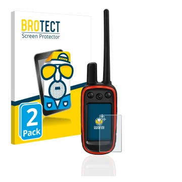 Parte frontal de un envase de producto con el logotipo de la marca BROTECT. Al lado se muestra el dispositivo Garmin Alpha 100