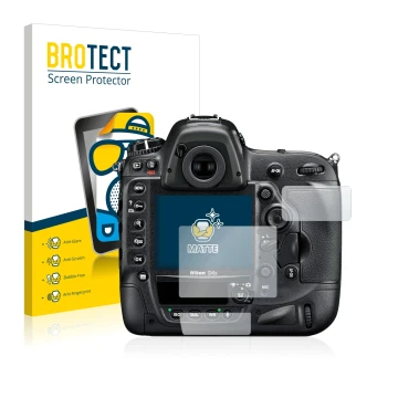 Parte frontal de un envase de producto con el logotipo de la marca BROTECT. Al lado se muestra el dispositivo Nikon D4S con su