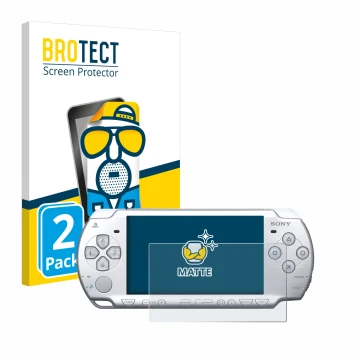 Parte frontal de un envase de producto con el logotipo de la marca BROTECT. Al lado se muestra el dispositivo Sony PSP 2004 co
