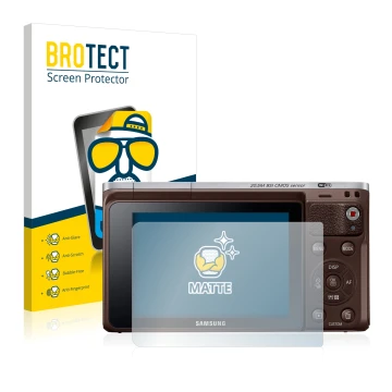 Parte frontal de un envase de producto con el logotipo de la marca BROTECT. Al lado se muestra el dispositivo Samsung NX Mini 