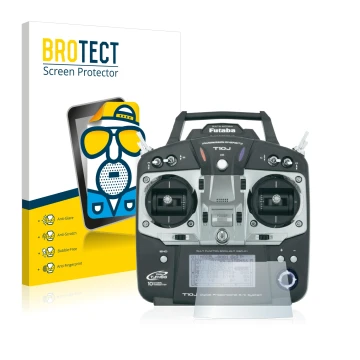 Parte frontal de un envase de producto con el logotipo de la marca BROTECT. Al lado se muestra el dispositivo Robbe Futaba T10