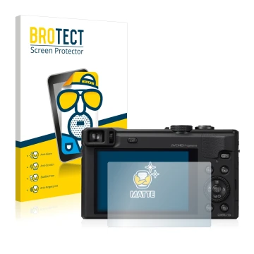 Parte frontal de un envase de producto con el logotipo de la marca BROTECT. Al lado se muestra el dispositivo Panasonic Lumix 