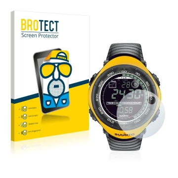 Parte frontal de un envase de producto con el logotipo de la marca BROTECT. Al lado se muestra el dispositivo Suunto Vector Ye