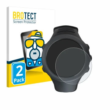 Parte frontal de un envase de producto con el logotipo de la marca BROTECT. Al lado se muestra el dispositivo Suunto Ambit3 Sp