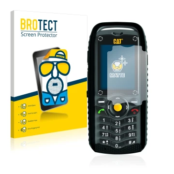 Parte frontal de un envase de producto con el logotipo de la marca BROTECT. Al lado se muestra el dispositivo Caterpillar Cat 