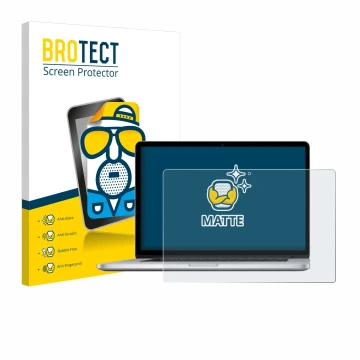 Parte frontal de un envase de producto con el logotipo de la marca BROTECT. Al lado se muestra el dispositivo Apple MacBook Pr