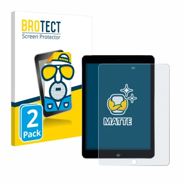 Parte frontal de un envase de producto con el logotipo de la marca BROTECT. Al lado se muestra el dispositivo Apple iPad Air 2