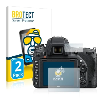Parte frontal de un envase de producto con el logotipo de la marca BROTECT. Al lado se muestra el dispositivo Nikon D750 con s