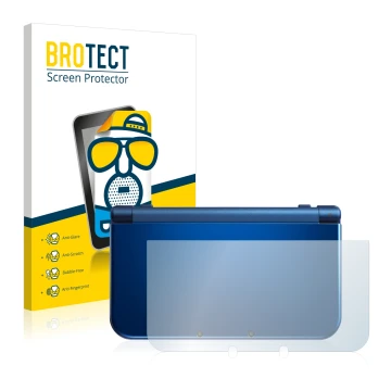 Parte frontal de un envase de producto con el logotipo de la marca BROTECT. Al lado se muestra el dispositivo Nintendo New 3DS