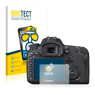 Parte frontal de un envase de producto con el logotipo de la marca BROTECT. Al lado se muestra el dispositivo Canon EOS 7D Mar