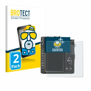 Parte frontal de un envase de producto con el logotipo de la marca BROTECT. Al lado se muestra el dispositivo Fujifilm X10 con