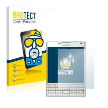 Parte frontal de un envase de producto con el logotipo de la marca BROTECT. Al lado se muestra el dispositivo BlackBerry Passp