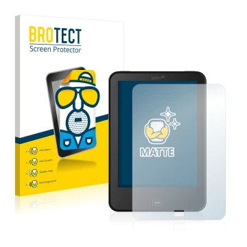 Parte frontal de un envase de producto con el logotipo de la marca BROTECT. Al lado se muestra el dispositivo Tolino Vision 2 