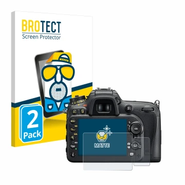 Parte frontal de un envase de producto con el logotipo de la marca BROTECT. Al lado se muestra el dispositivo Nikon D7200 con 