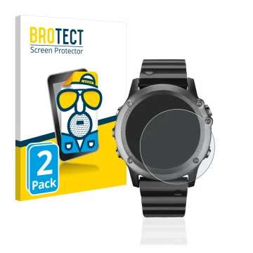 Parte frontal de un envase de producto con el logotipo de la marca BROTECT. Al lado se muestra el dispositivo Garmin Fenix 3 c