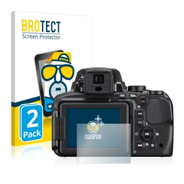Parte frontal de un envase de producto con el logotipo de la marca BROTECT. Al lado se muestra el dispositivo Nikon Coolpix P9