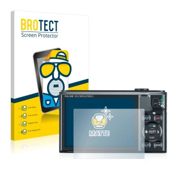 Parte frontal de un envase de producto con el logotipo de la marca BROTECT. Al lado se muestra el dispositivo Canon PowerShot 