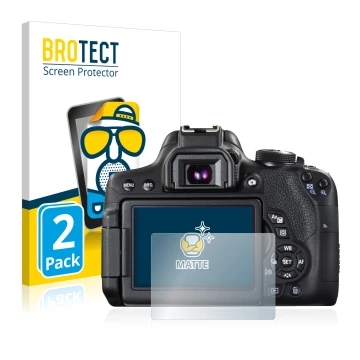 Parte frontal de un envase de producto con el logotipo de la marca BROTECT. Al lado se muestra el dispositivo Canon EOS 750D c