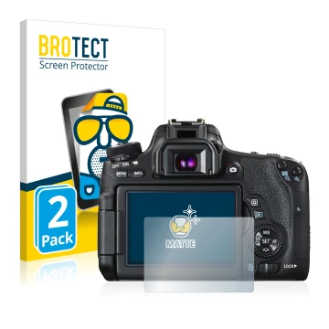 Parte frontal de un envase de producto con el logotipo de la marca BROTECT. Al lado se muestra el dispositivo Canon EOS 760D c