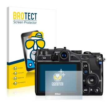 Parte frontal de un envase de producto con el logotipo de la marca BROTECT. Al lado se muestra el dispositivo Nikon Coolpix S7