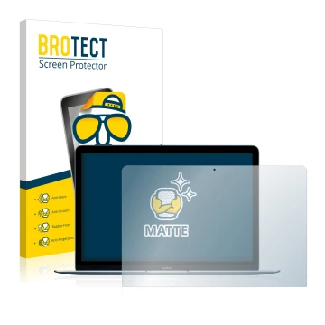 Parte frontal de un envase de producto con el logotipo de la marca BROTECT. Al lado se muestra el dispositivo Apple MacBook 12