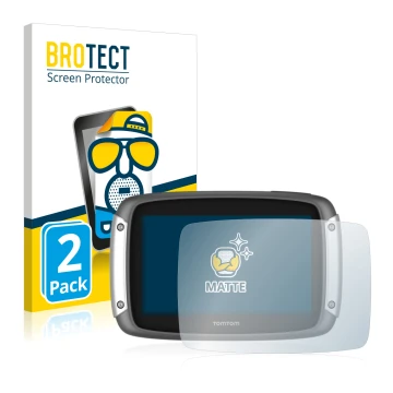 Parte frontal de un envase de producto con el logotipo de la marca BROTECT. Al lado se muestra el dispositivo TomTom Rider 400