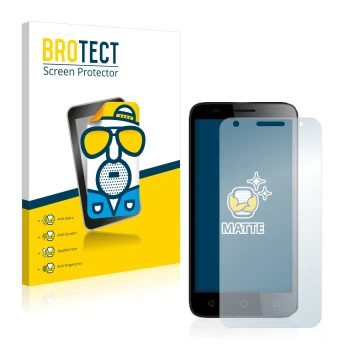 Parte frontal de un envase de producto con el logotipo de la marca BROTECT. Al lado se muestra el dispositivo Alcatel Pixi 3 (