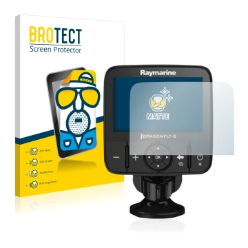 Parte frontal de un envase de producto con el logotipo de la marca BROTECT. Al lado se muestra el dispositivo Raymarine Dragon