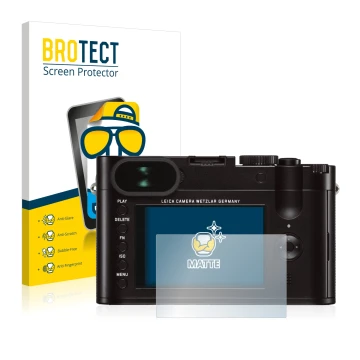 Parte frontal de un envase de producto con el logotipo de la marca BROTECT. Al lado se muestra el dispositivo Leica Q (Typ 116