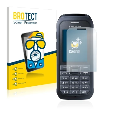 Parte frontal de un envase de producto con el logotipo de la marca BROTECT. Al lado se muestra el dispositivo Samsung Xcover 5