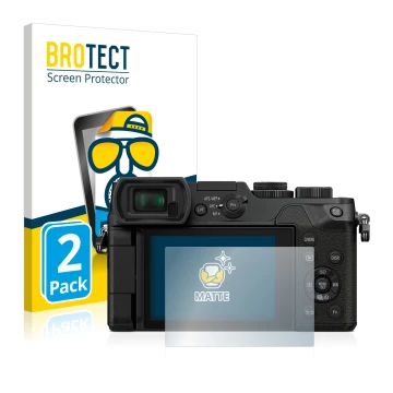 Parte frontal de un envase de producto con el logotipo de la marca BROTECT. Al lado se muestra el dispositivo Panasonic Lumix 