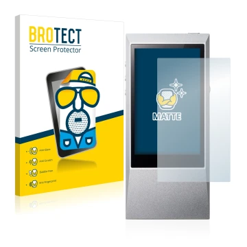 Parte frontal de un envase de producto con el logotipo de la marca BROTECT. Al lado se muestra el dispositivo Astell&Kern AK J