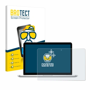 Parte frontal de un envase de producto con el logotipo de la marca BROTECT. Al lado se muestra el dispositivo Apple MacBook Re